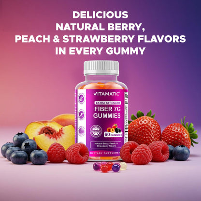 Vitamatic Prebiotic Fiber Gummies for Adults – 2 Pack (Total 120 Gummies) 7g Fiber per Serving | Extra Strength | Zero Sugar Added | Pectin-Based Vitamatic