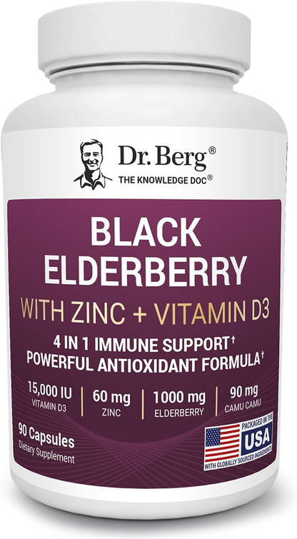 Dr. Berg Black Elderberry Capsules (Advanced Immune Support*) with 15,000 IU Vitamin D, 60 mg of Zinc, & 90 mg of Camu Camu - (4-in-1) Sambucus Elderberry Immune Support Supplement - 90 Capsules