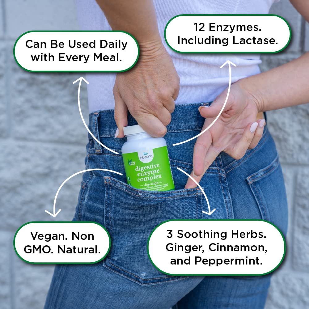 nbpure Vegan Digestive Enzyme Complex – Daily Bloating, Gas, & Food Digestive Support for Women & Men – 12 Enzymes & 3 Herbs – Lactase, Protease, Lipase nbpure