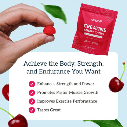 Organifi Strength and Mood Bundle - 30 Servings of Creatine Cherry Chews and Lemon Happy Drops - Delicious Creatine Monohydrate and Calming Saffron Gummies for Men and Women Gsupps Australia