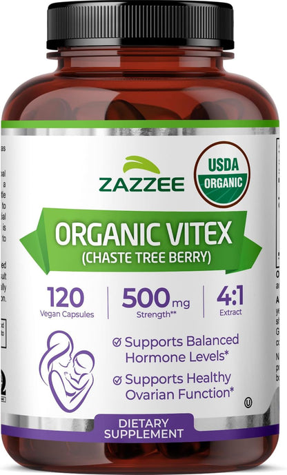 Zazzee USDA Organic Vitex 4:1 Extract, 120 Vegan Capsules, 4 Month Supply | Chaste Berry, Hormonal Balance & Cycle Support for Women, Certified Kosher, Vitex Agnus-Castus, Non-GMO, Made in the USA Gsupps Australia