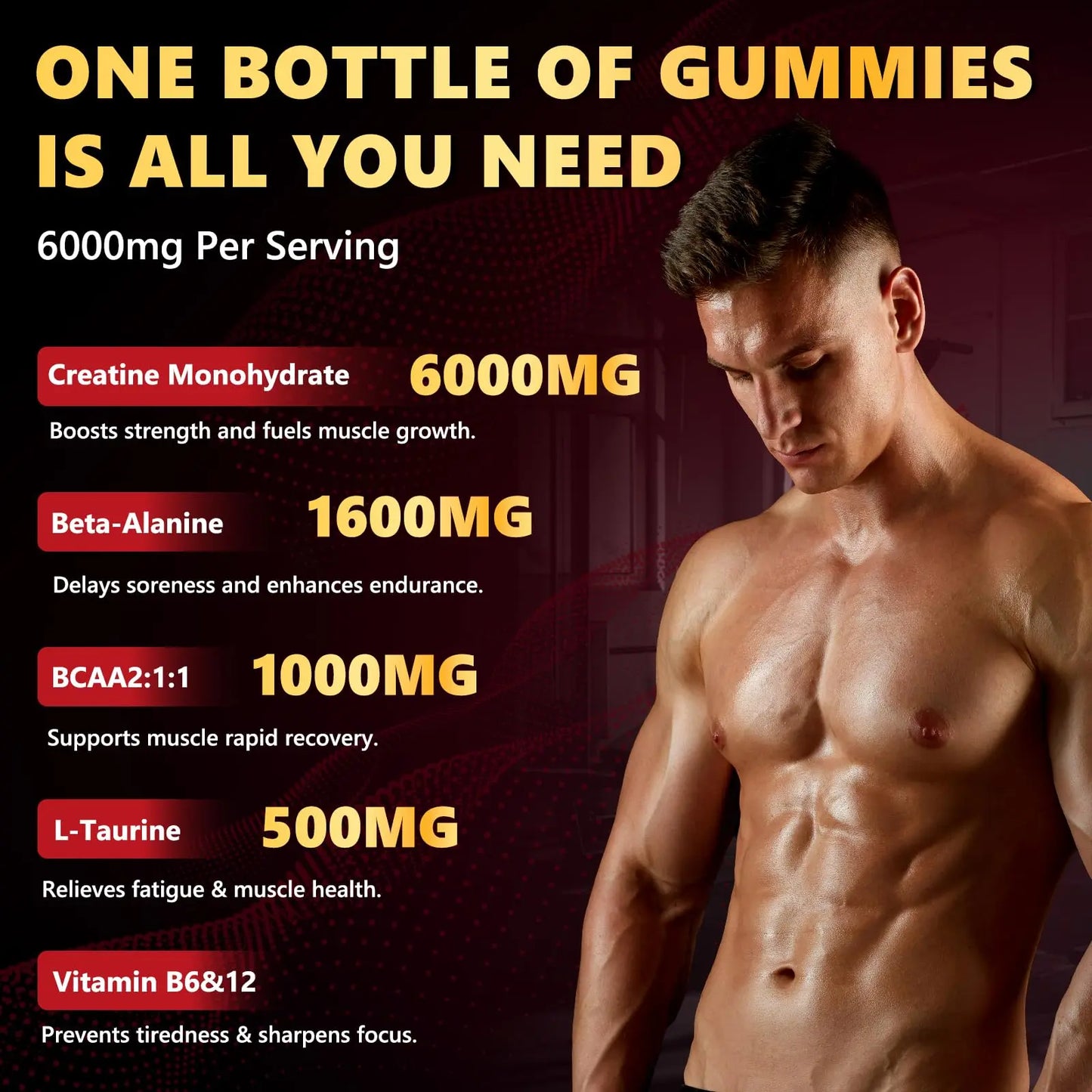 ZELKORE Creatine Monohydrate Gummies 6000mg for Men & Women, Sugar Free Creatine Gummy for Pre & Post Workout, High Absorption Supplement with BCAA, Support Boost Strength, ZelKore