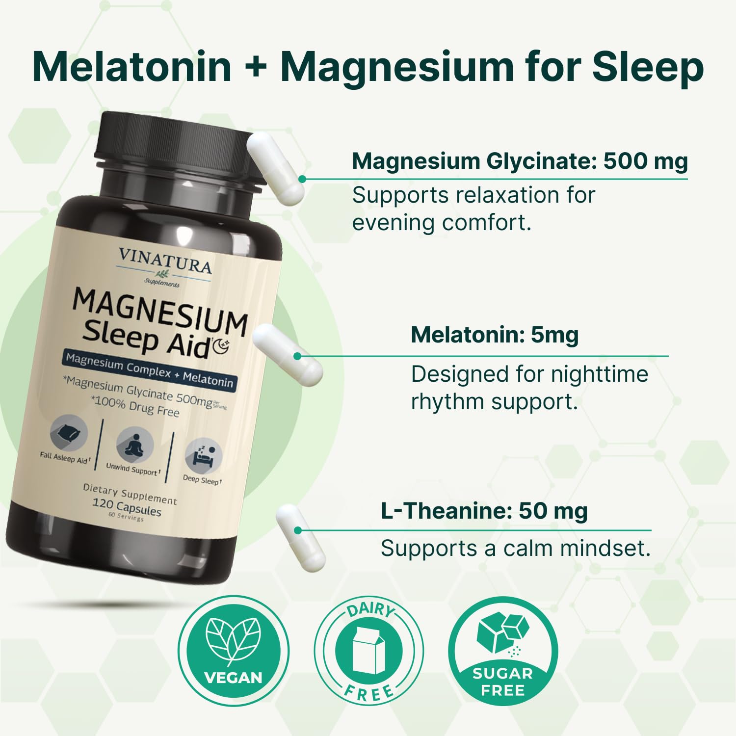 Magnesium Sleep Aid - Magnesium Glycinate Complex for Sleep with Melatonin Supplement - Glycinate 500mg, L-Theanine - 120 Capsules VINATURA buy australia supplements