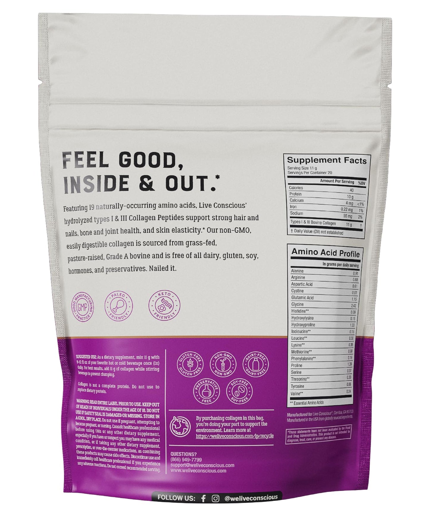 Live Conscious Collagen Powder Hydrolyzed Collagen Peptides Type I & III - Keto & Paleo Friendly - Unflavored - 20 Servings, 7.8 oz Live Conscious