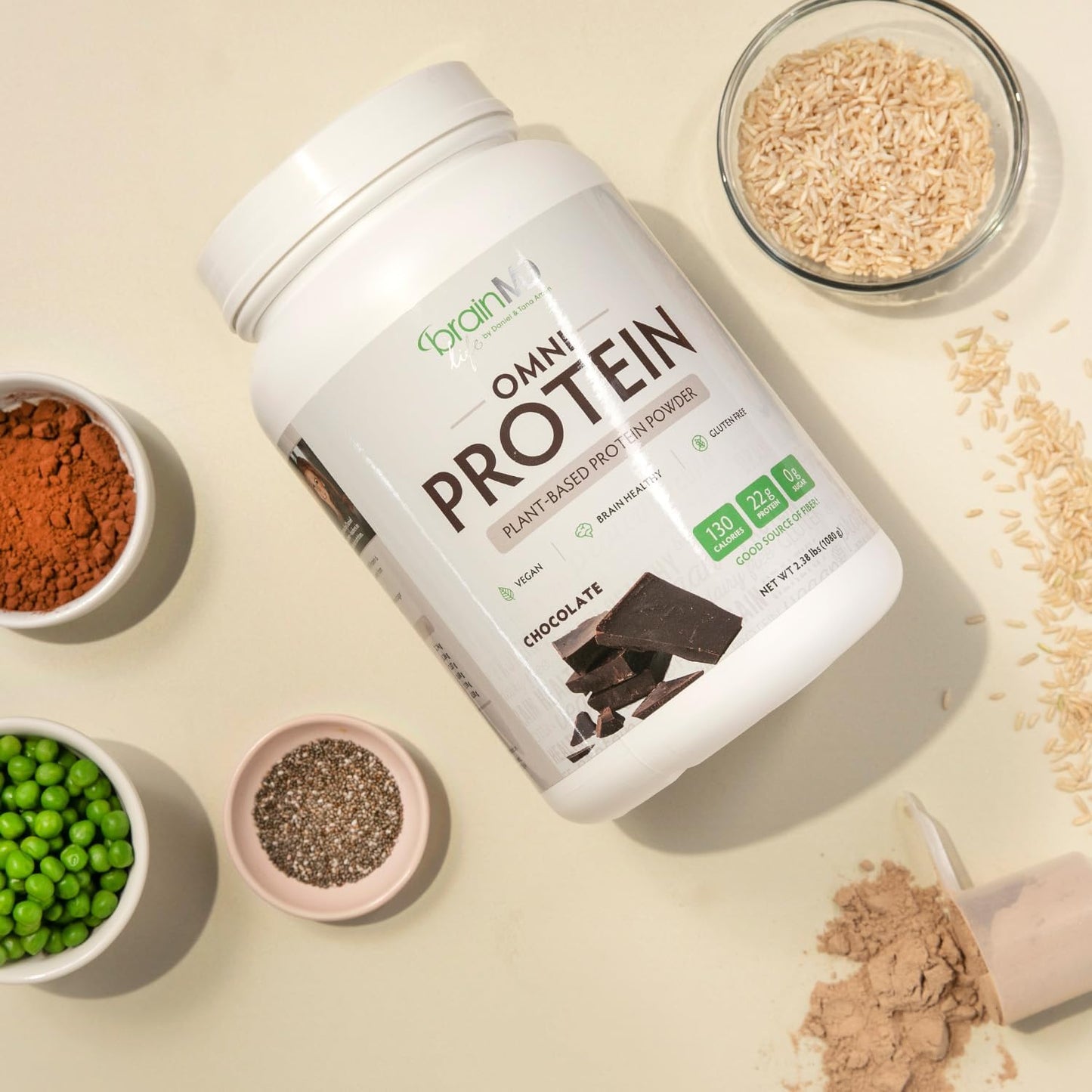 BRAINMD Dr Amen Omni Protein Chocolate - 2.38 lbs - Plant-Based Protein Powder - Promotes Energy & Exercise Recovery - Vegan, Vegetarian, Sugar Free, Gluten Free - 30 Servings