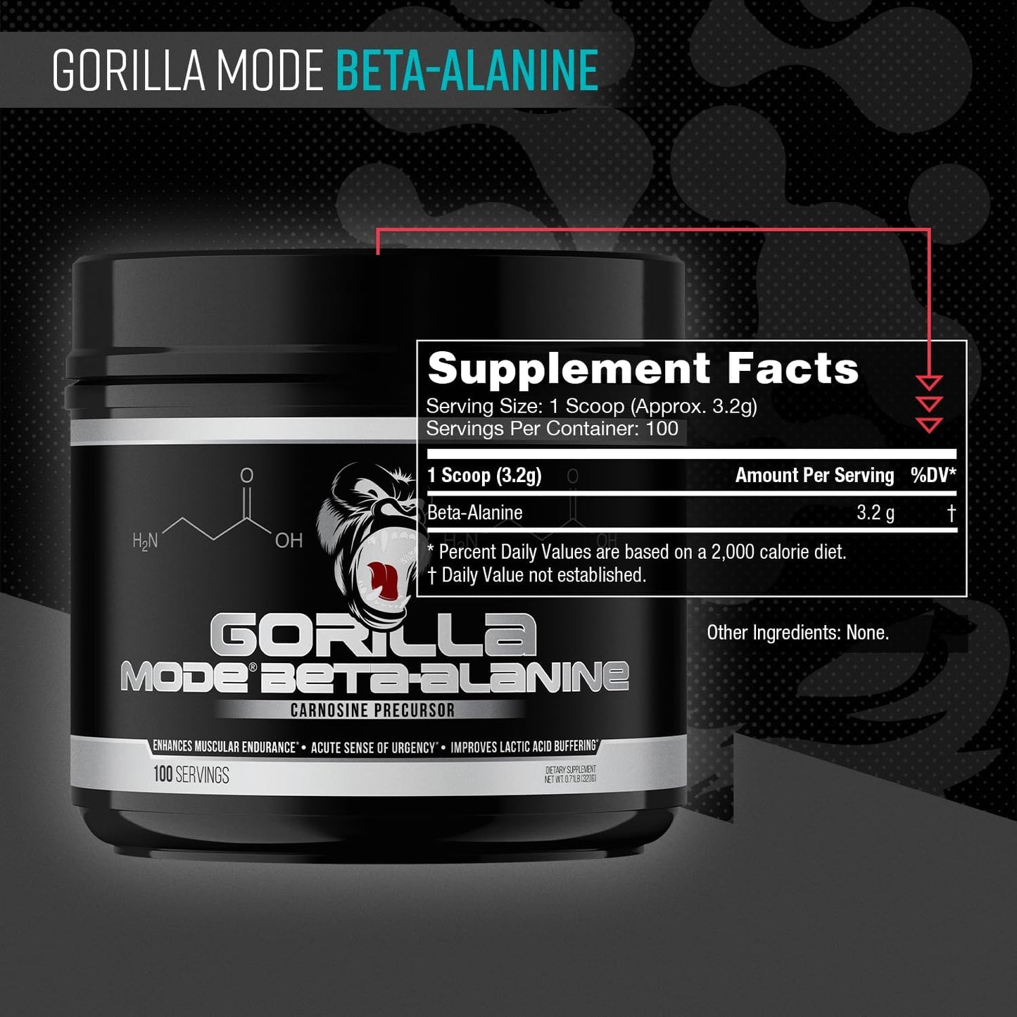 Gorilla Mind Beta-Alanine Carnosine Precursor,Enhanced Muscular Endurance, 3.2 Grams per Servings