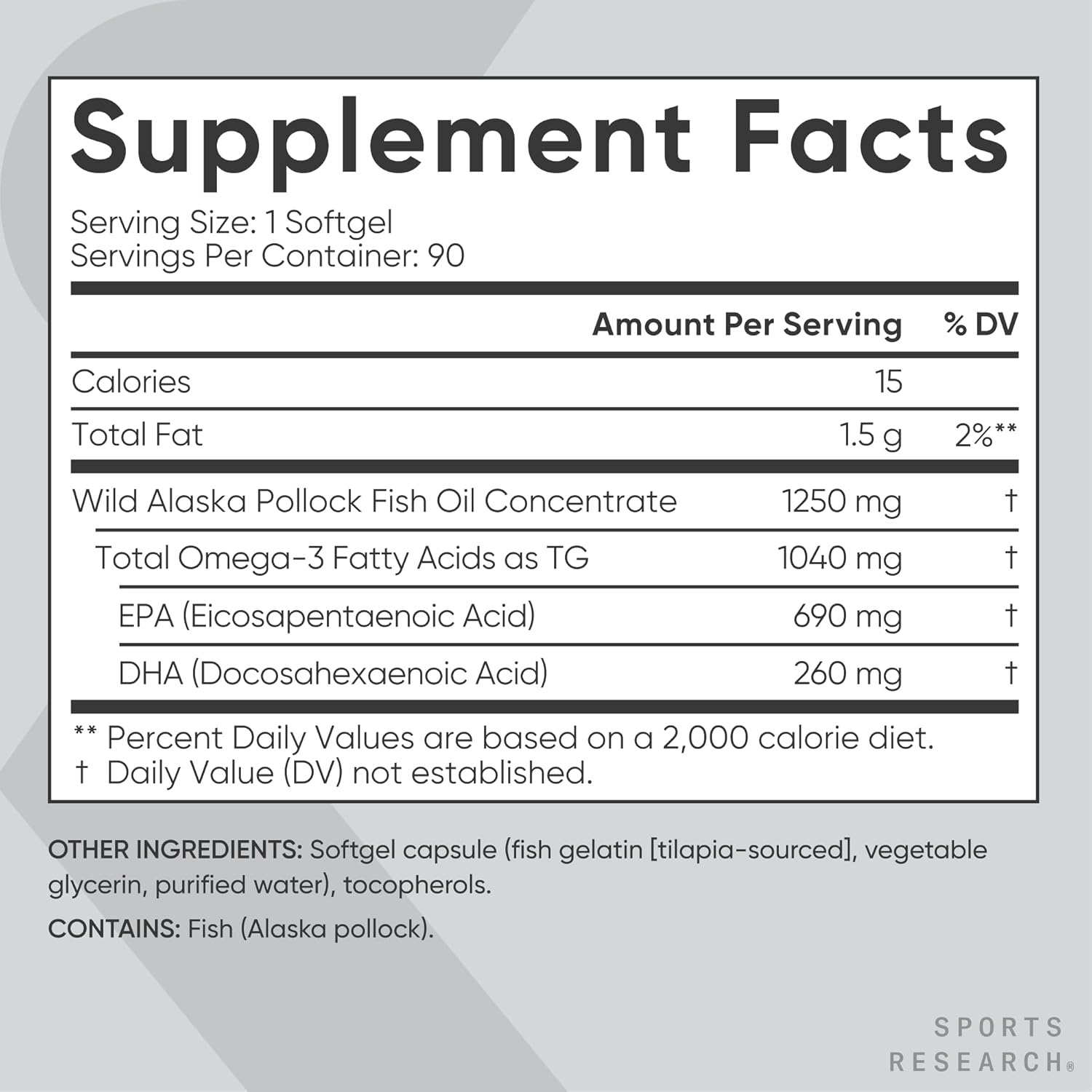 Sports Research® Omega-3 Fish Oil 1250mg from Wild Alaska Pollock, 90 Count | Always Fresh Never Fishy | 690mg EPA 260mg DHA per Softgel · Heart & Brain Health* · MSC Certified Sustainable - 90 Servings Gsupps Australia