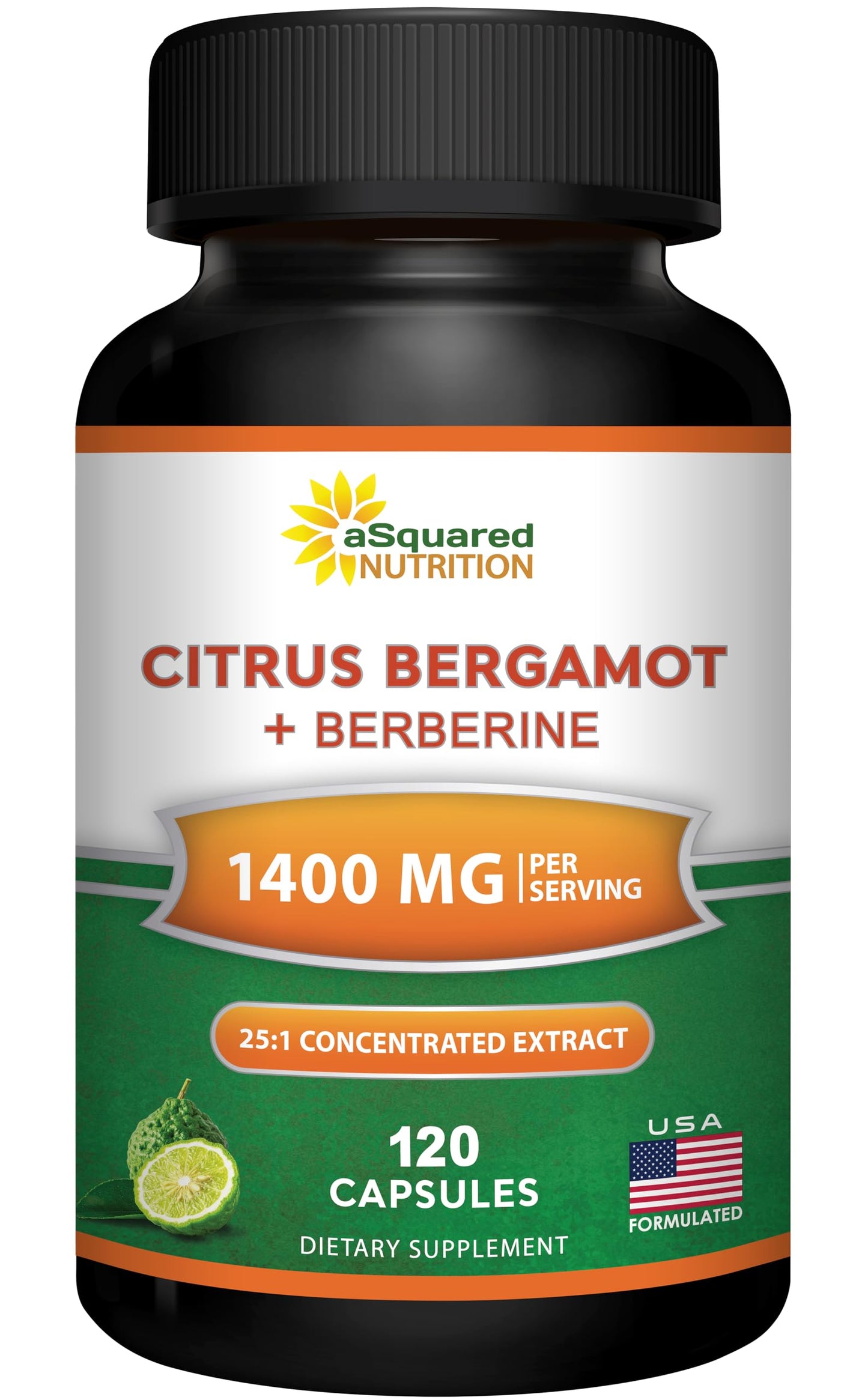 aSquared Nutrition Citrus Bergamot with Berberine Supplement - 1400mg Per Serving Max Strength Complex - 120 Capsules - Supports Cardiovascular Health aSquared Nutrition