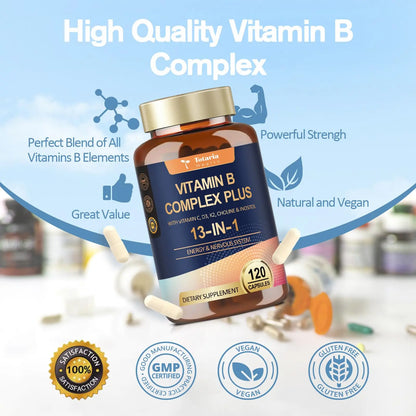 13-in-1 Vitamin B Complex Plus with Vitamin B1, B2, B3 (Niacinamide), B4, B5, B6, B7 (Biotin), B8 (Inositol), B9 (Folate), B12, C, D3, K2 - Energy, Nerve, Totaria