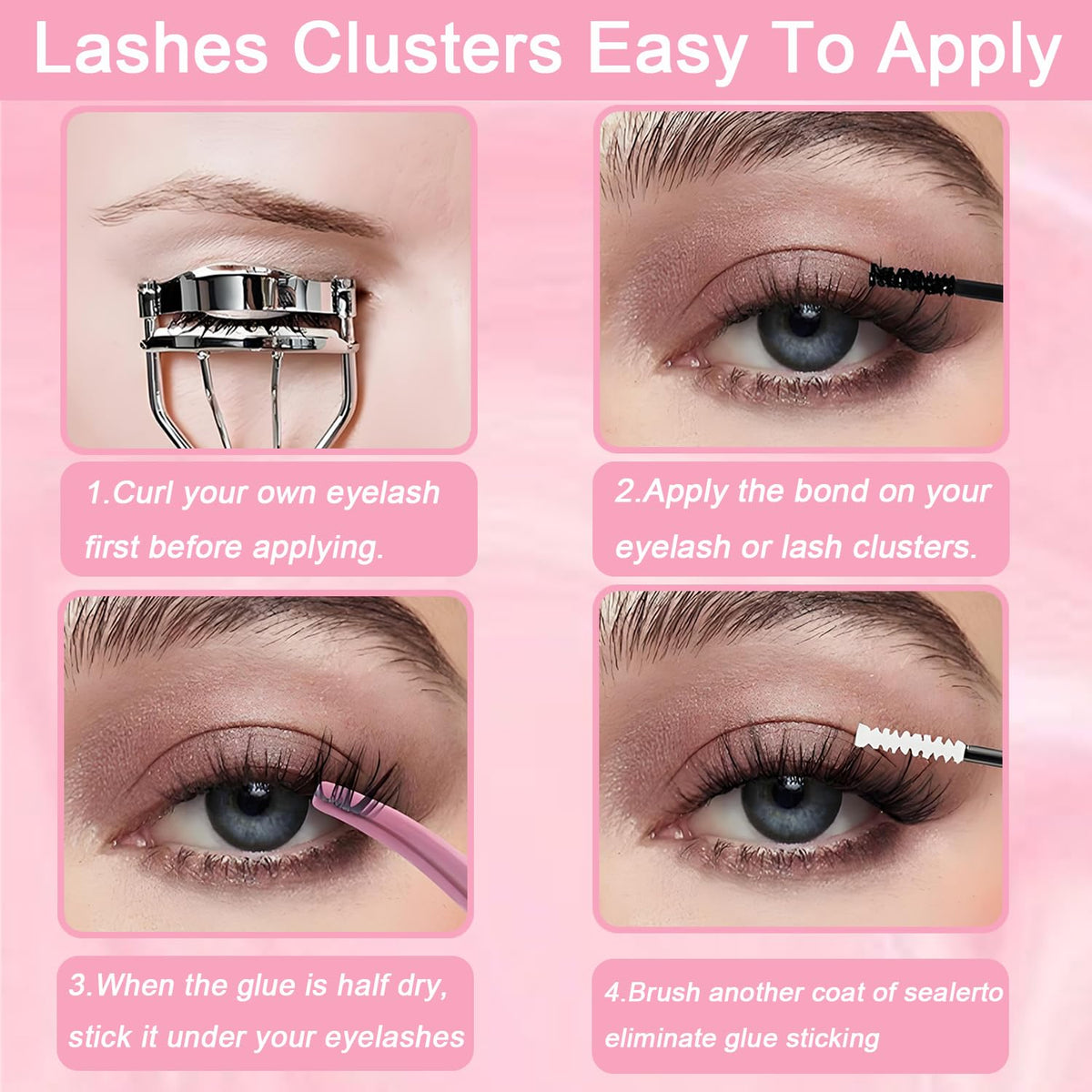 OLLAVO Lash Clusters Kit, 640 Pcs Eyelashes Clusters Extensions, 9-16mm Individual Lashes D Curl Fluffy Wispy 1 Eyelashes Thin Band with Bond Seal Tweezers Brush DIY (30D+40D+50D+60D Kit 9-16mm) OLLAVO