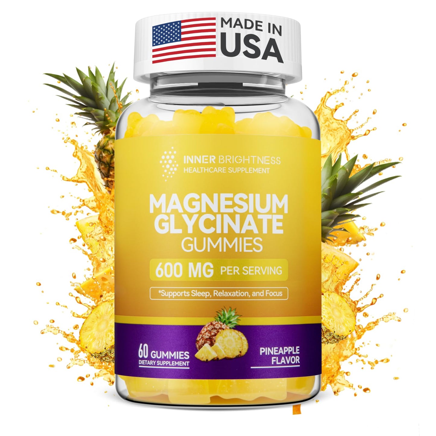 Magnesium Glycinate Gummies 600mg, Non-GMO, Gluten-Free, Magnesium Gummies for Adults & Kids, Sleep, Relaxation & Focus Inner Brightness