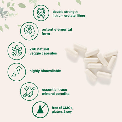 Lithium Orotate 10mg, 240 Veggie Capsules | 5mg Per Capsules | High Bioavailability Trace Mineral | Healthy Aging, Brain Supplement Micro Ingredients