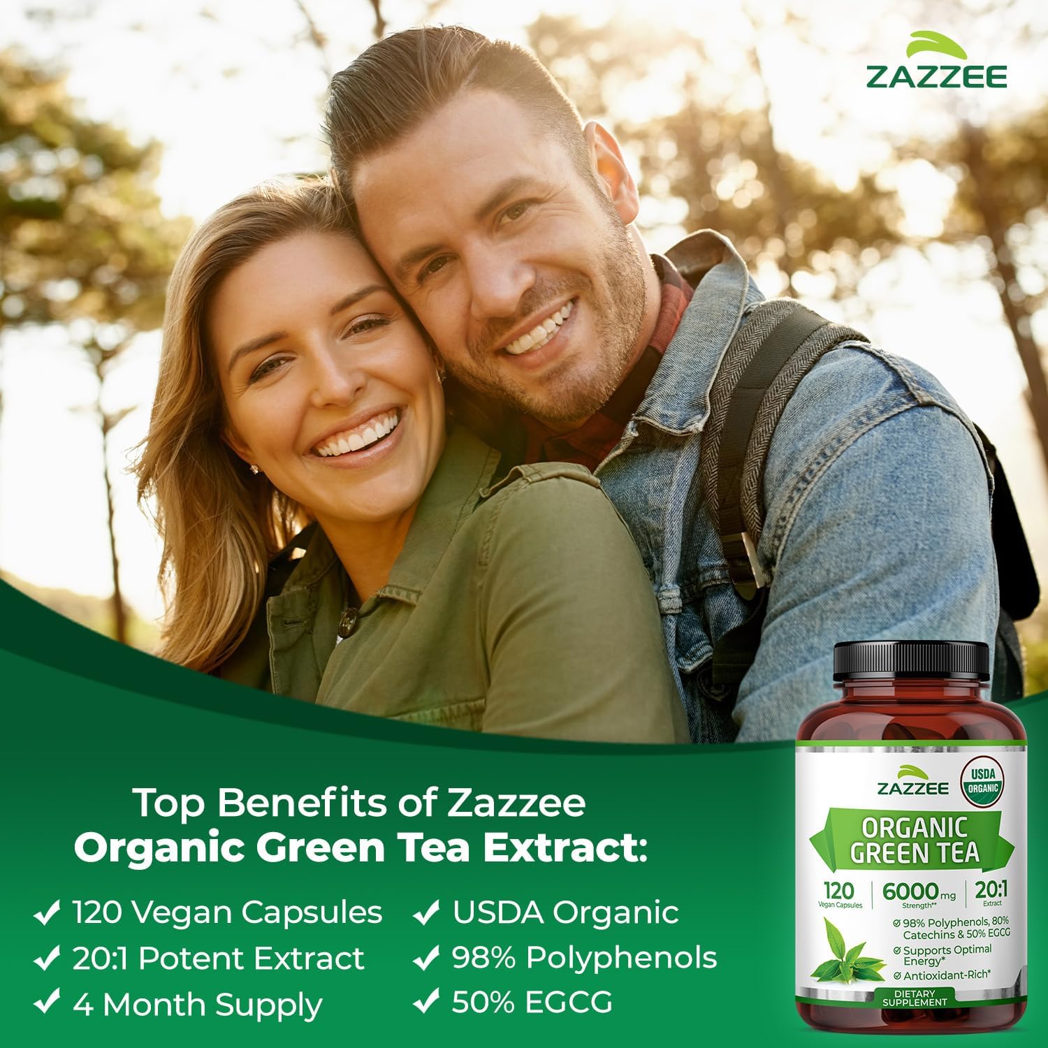 Zazzee USDA Organic Green Tea 20:1 Extract, 120 Vegan Capsules, 50% EGCG | 98% Polyphenols, 80% Catechins, 4 Month Supply, Antioxidant, Metabolism & Energy Support, Non-GMO, All-Natural, Made in USA Gsupps Australia