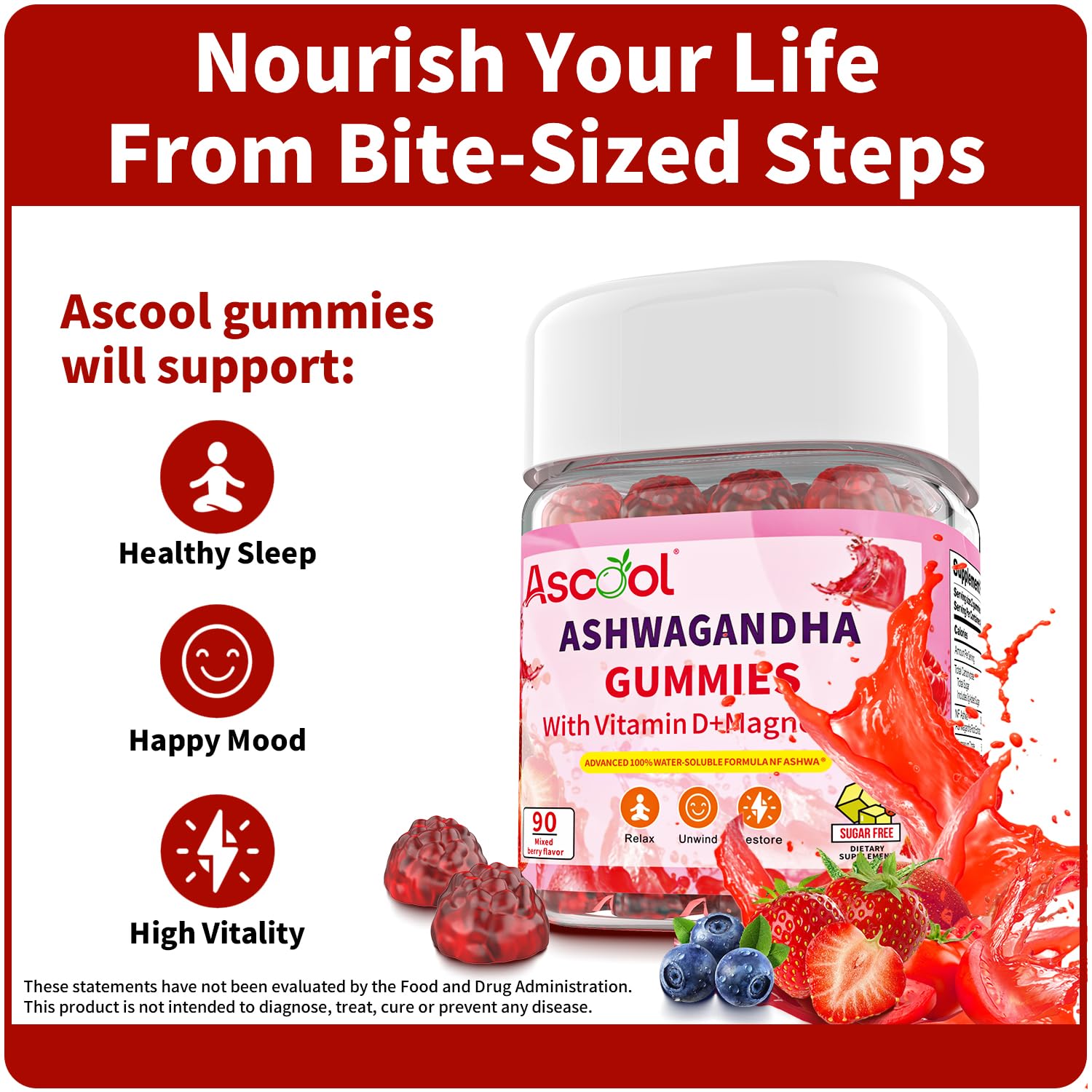 Ascool Ashwagandha Gummies for Stress Relief & Clam with Magnesium + Vitamin D – 90 Count Sugar-Free, Vegan Ashwa Supplements Ascool