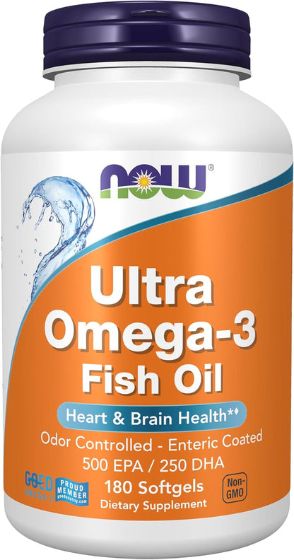 NOW Foods Supplements, Ultra Omega-3 Molecularly Distilled and Enteric Coated, 180 Softgels Gsupps Australia