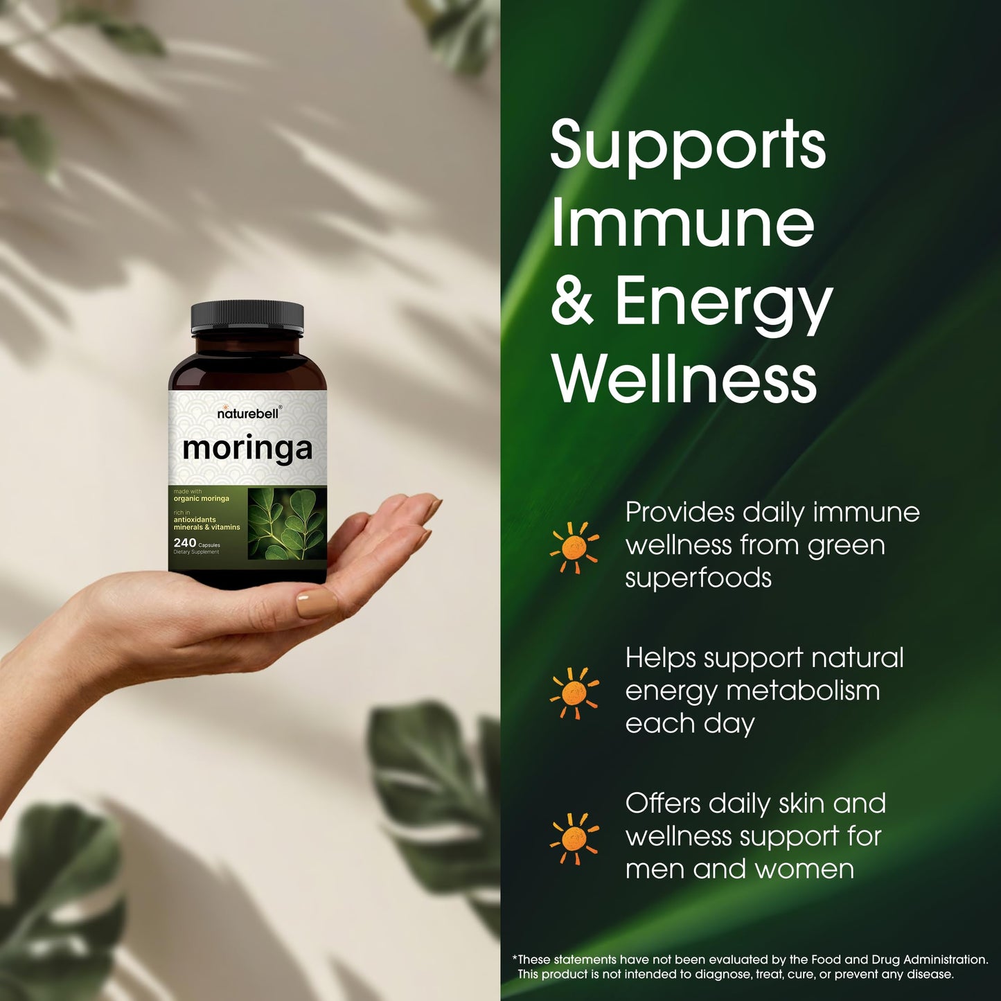 NatureBell Moringa - 240 Capsules - Organic Moringa for Immune, Energy & Skin Health Support - Green Superfood Properties NatureBell