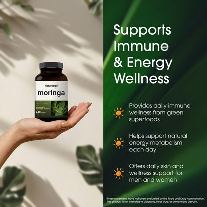 NatureBell Moringa - 240 Capsules - Organic Moringa for Immune, Energy & Skin Health Support - Green Superfood Properties NatureBell