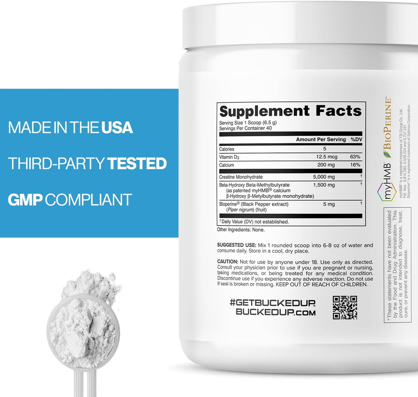 Bucked Up Creatine HMB 40 Servings Unflavored | 5g Creatine Monohydrate with 1.5g myHMB and 5mg BioPerine | Dietary Supplement Powder for Men and Women