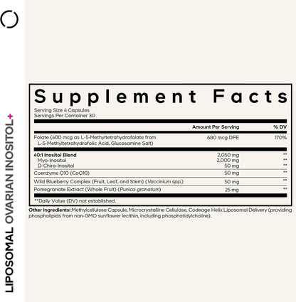 Codeage Liposomal Inositol+, Myo & D-Chiro 40:1, 5-MTHF, 120 Capsules | Myo and D-chiro inositol 40:1 with folate 5-MTHF, CoQ10 and botanicals. For women, two-month supply. Gluten-free, non-GMO.
