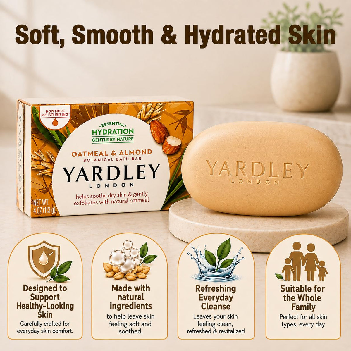 Yardley Oatmeal and Almond Bar Soap, Oatmeal & Almond, 4 Ounce Yardley