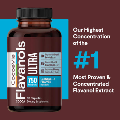 CocoaVia Ultra 750mg Cocoa Flavanols – Heart & Brain Support, Memory & Blood Circulation Booster, High Flavanol Cocoa for Nitric Oxide, Energy & Oxygen Boost CocoaVia