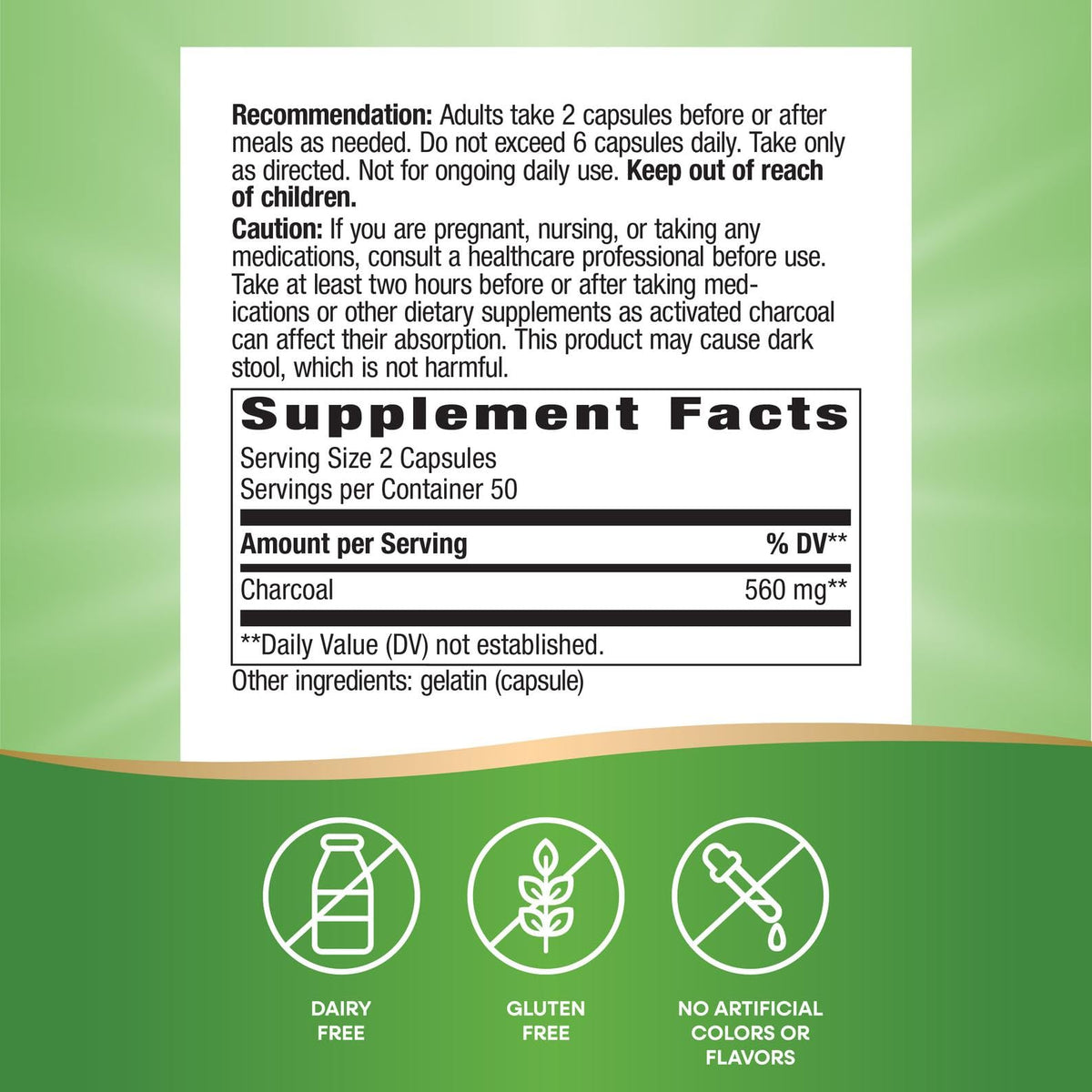 Nature's Way Activated Charcoal, Binds Unwanted Materials and Gas in the Digestive Tract*, 560 mg per 2-Capsule Serving, Nature's Way
