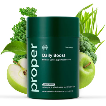 Proper, The Greens Daily Boost Organic Greens Powder. Whole Food, Apple Flavour Veggie Powder Superfood with Wheatgrass, Spirulina, Chlorella, Probiotics.