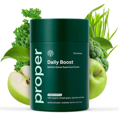 Proper, The Greens Daily Boost Organic Greens Powder. Whole Food, Apple Flavour Veggie Powder Superfood with Wheatgrass, Spirulina, Chlorella, Probiotics. Proper
