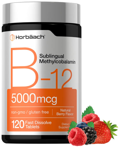 Horbäach B12 Vitamin 5000 mcg | 120 Fast Dissolve Tablets | Sublingual Methylcobalamin | Natural Berry Flavor | Vegan, Non-GMO Horbäach