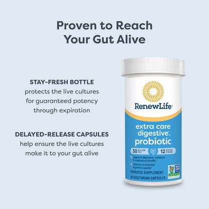 Renew Life Extra Care Digestive Probiotic Capsules, 50 Billion CFU Guaranteed, Daily Supplement Supports Immune, Digestive, Respiratory Health(1), L. Rhamnosus GG Renew Life