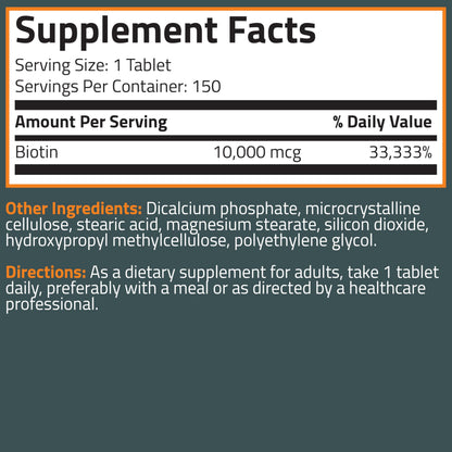 Bronson Biotin 10,000mcg, Supports Healthy Hair, Skin and Nails, Vegetarian, Non-GMO, 150 Tablets Bronson