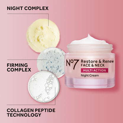 No7 Restore & Renew Multi Action Night Cream for Face & Neck - Nighttime Face Moisturizer with Collagen Peptides No7