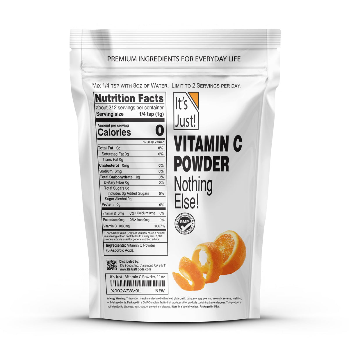 It's Just! - Vitamin C Powder, 100% Pure L-Ascorbic Acid, Food Grade, Immune Support, Homemade Cosmetics (11oz) It's Just!
