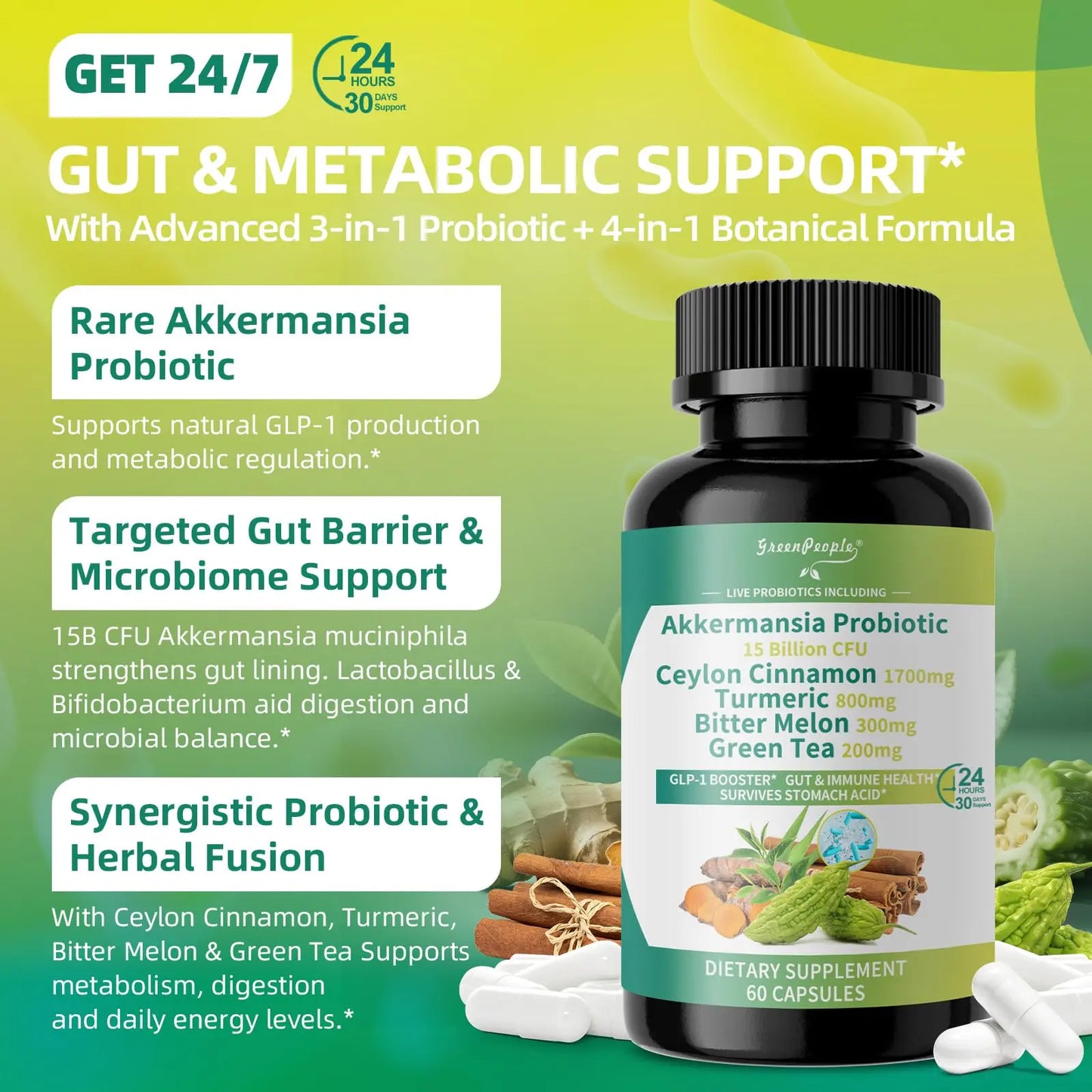 GREENPEOPLE Akkermansia Probiotics 15B CFU for Gut Function, 60CT Probiotics Supplement with Ceylon Cinnamon, Turmeric | Digestive Health & Metabolic Support GREENPEOPLE