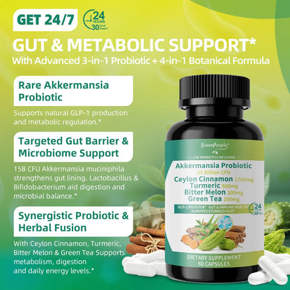 GREENPEOPLE Akkermansia Probiotics 15B CFU for Gut Function, 60CT Probiotics Supplement with Ceylon Cinnamon, Turmeric | Digestive Health & Metabolic Support GREENPEOPLE
