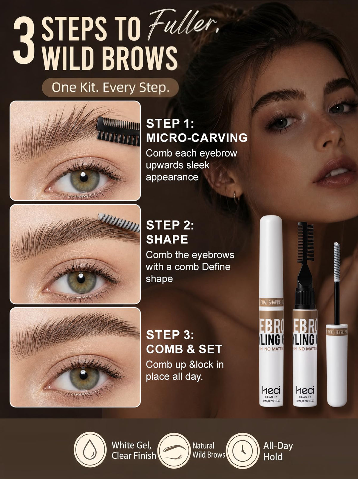 HECI BEAUTY Clear eyebrow Gel,Wax Hybrid brow gel with Dual Brush,8ml HECI BEAUTY