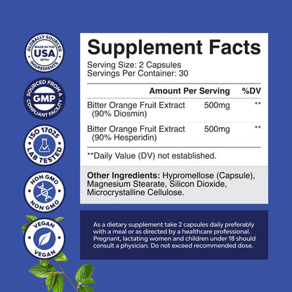 Diosmin Hesperidin 1000mg Complex for Adults - Bitter Orange Supplement for Varicose Veins Support, Leg & Feet Blood Health - Diosmin & Hesperidin Supplements from Citrus Aurantium - 60 Count Gsupps Australia
