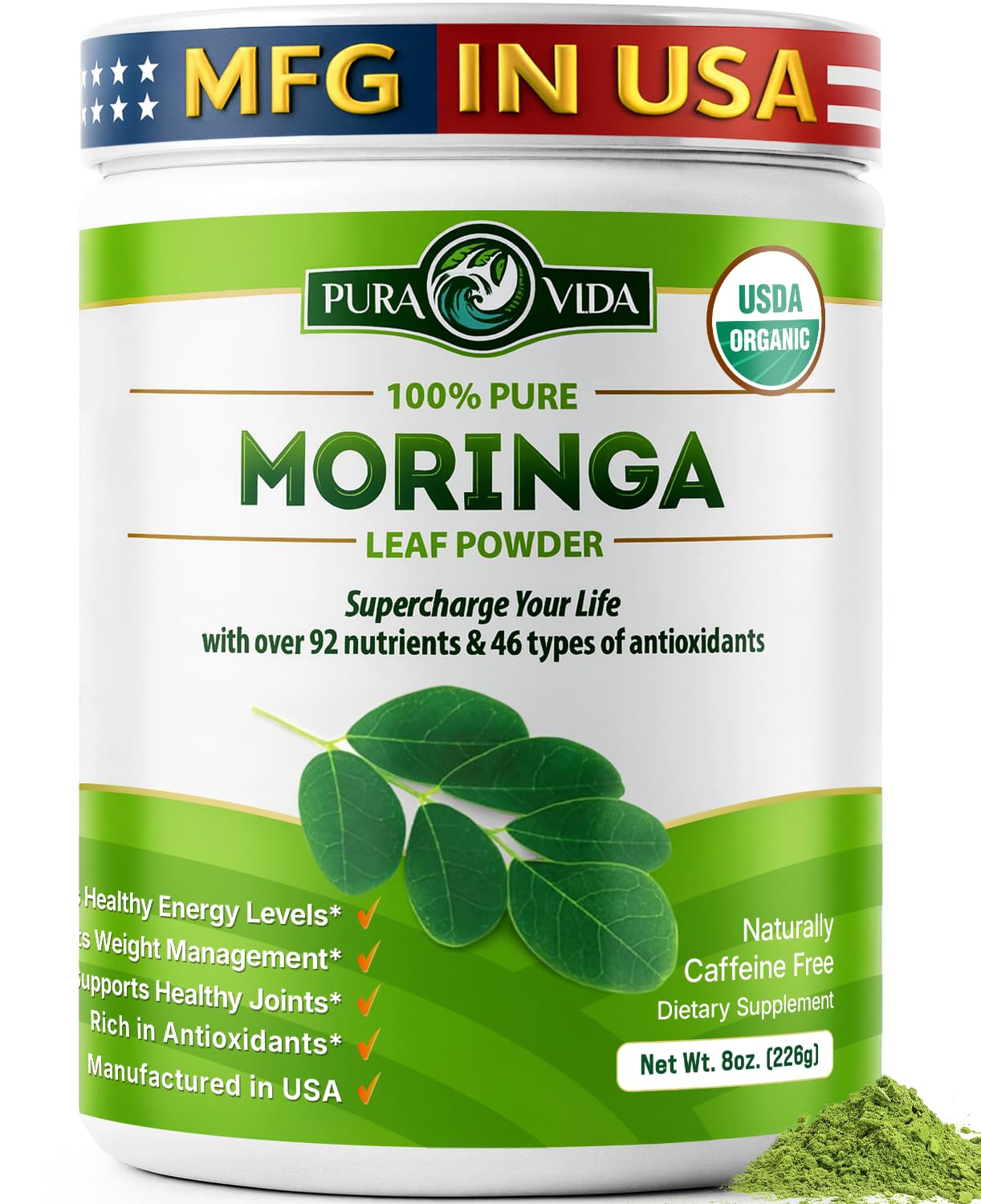 PURA VIDA MORINGA Organic Moringa Powder, Premium 100% Leaf Powder Single Origin - USDA Organic Moringa Oleifera Leaf PURA VIDA MORINGA