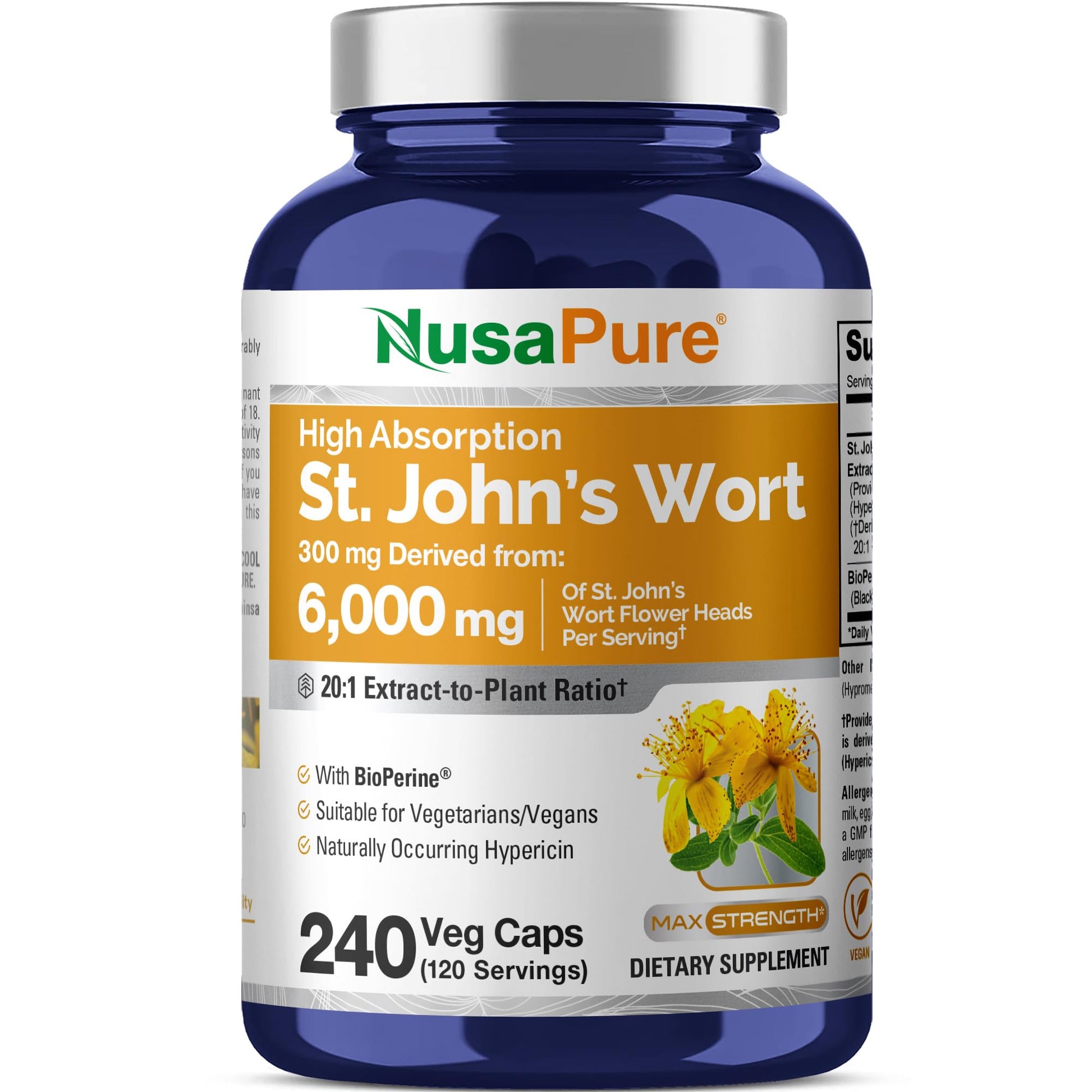 NusaPure St. John's Wort 20:1 Extract, 300 mg Equivalent to 6,000mg 240 Veggie Capsules (Vegetarian, Non-GMO & Vegan) Bioperine NusaPure buy australia supplements