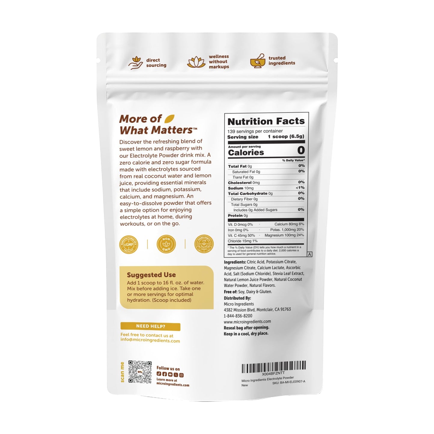 Micro Ingredients Electrolyte Powder, 2 lbs (139 Servings) | Lemon Raspberry Flavor | High Potassium (1,000mg) + Coconut Water & Real Lemon Juice Micro Ingredients