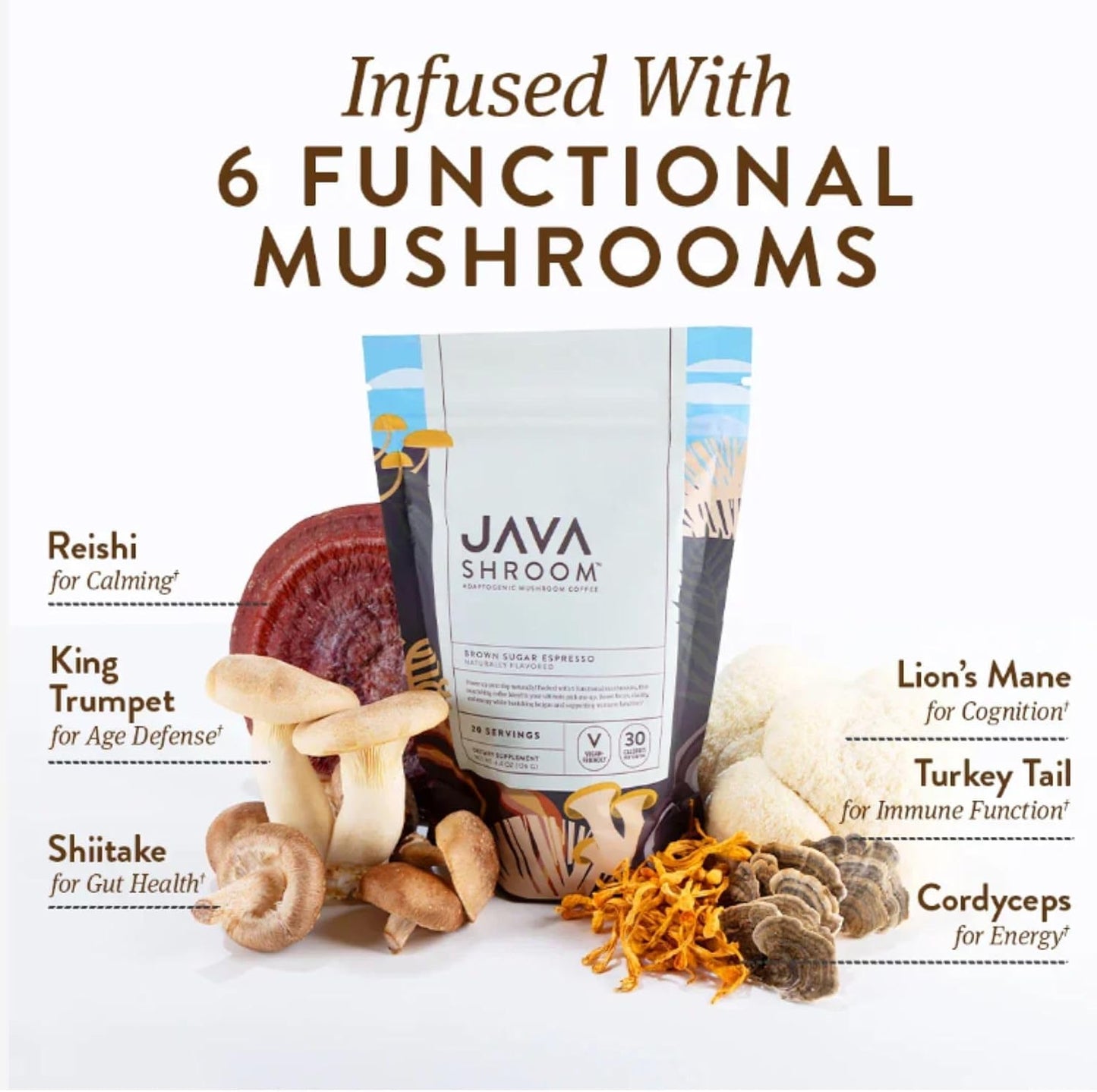 InnoSupps Java Shroom Adaptogenic Mushroom Coffee - Organic Coffee Alternative and Mushroom Powder Supplement with Lions Mane, Cordyceps, Reishi, and More - Contains 40mg Caffeine (20 Servings)
