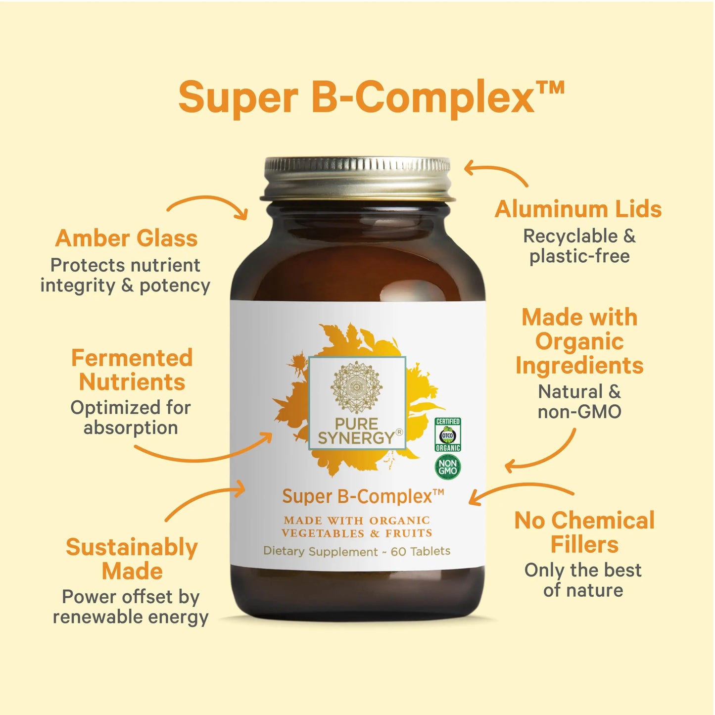 PURE SYNERGY Super B-Complex | Vitamin B Complex Made with Organic Whole Foods | Vegan Supplement with Natural Vitamin B12, Niacin, and Folate | for Energy PURE SYNERGY