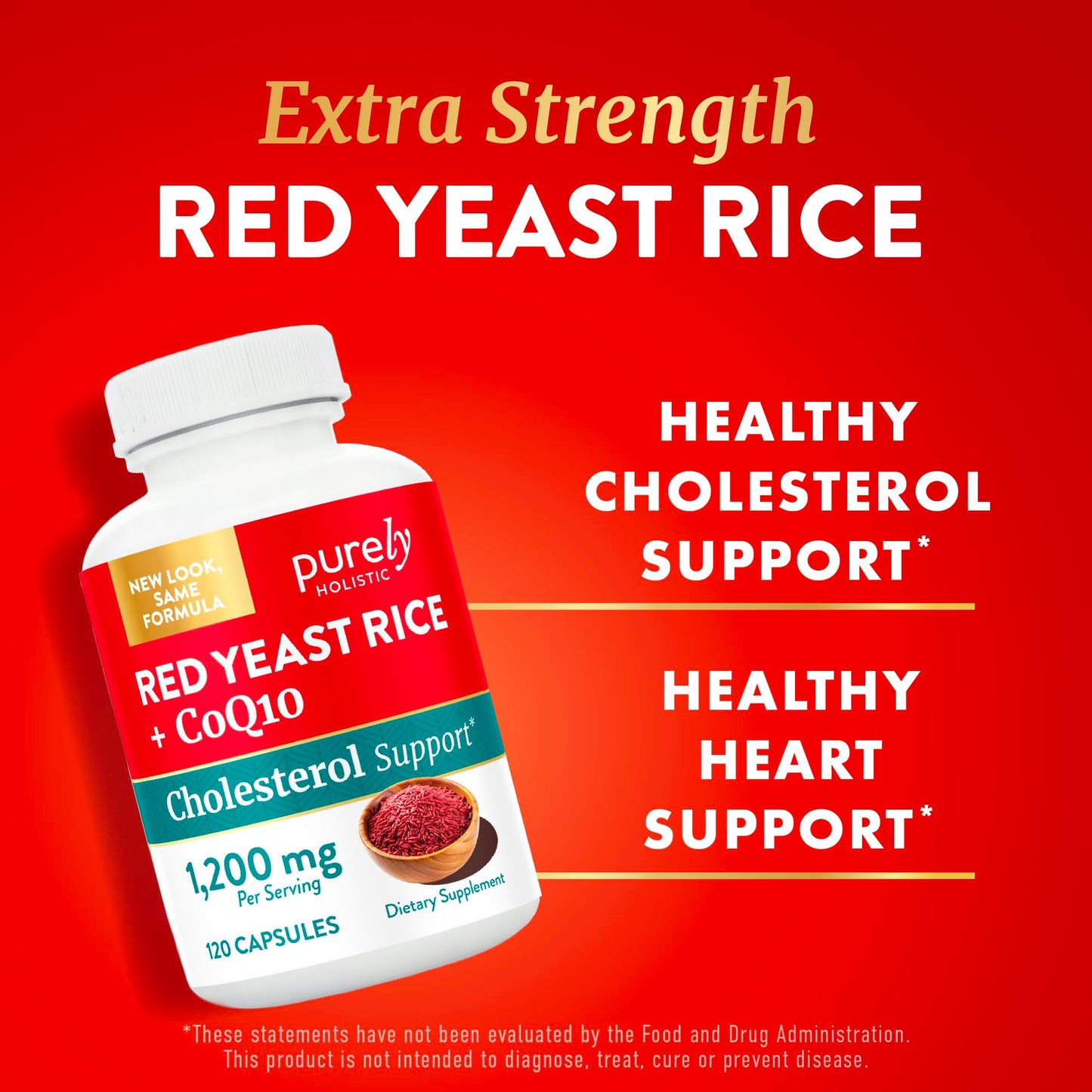 Red Yeast Rice with CoQ10 Supplement | Healthy Cholesterol Levels & Heart Health Support | Extra Strength Red Yeast Rice 1200 MG (600 MG Per Capsule) with Monakolin K Purely Holistic