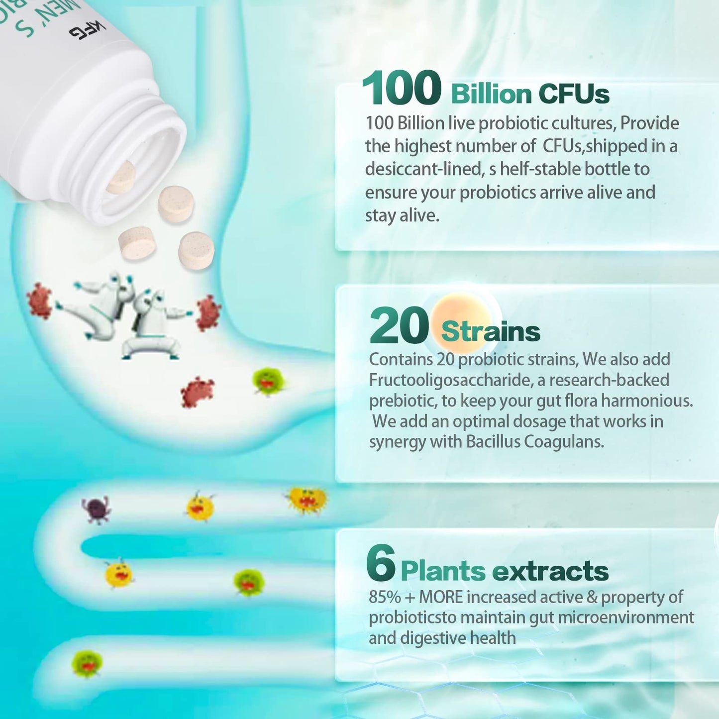 KFG Probiotic Supplement 100 Billion CFU, 20 Strains, 2 Prebiotics and Digestive Enzymes, Supports Digestion, Immune Support, Gut Health and Metabolism, Non-GMO, KFG
