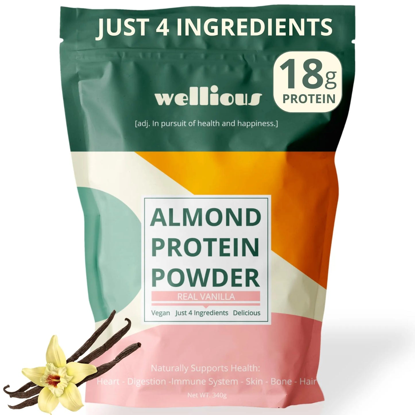 wellious Almond Protein Powder (Vanilla) - 18 Grams of Pure Healthiest Vegan Protein for Women & Men - Perfect Soy-Free & Smooth Gut Friendly Protein Powder for Sports Nutrition wellious