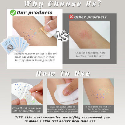 HOSAILY 6pcs Holographic Glitter Freckles Face Tattoo for Rave Accessories HOSAILY