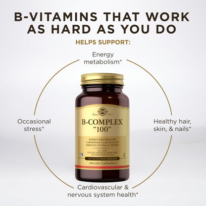 Solgar B-Complex "100", 100 Vegetable Capsules - Nervous System Support - Supports Energy Metabolism - Non-GMO, Vegan, Gluten Free, Solgar