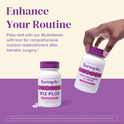 BariMelts Vitamin B12 Plus, 90 Fast-Dissolving Tablets (3-Month Supply), Sugar-Free Bariatric Vitamins for Women, Includes B12, B6 BariMelts