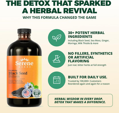 Serene Herbs Organic Black Seed Oil Bitters Liquid - Black Cumin Seed Extract, Nigella Sativa, Pure Blackseed Supplement with Thymoquinone for Immune Support & Digestion - Vegan - 16 oz