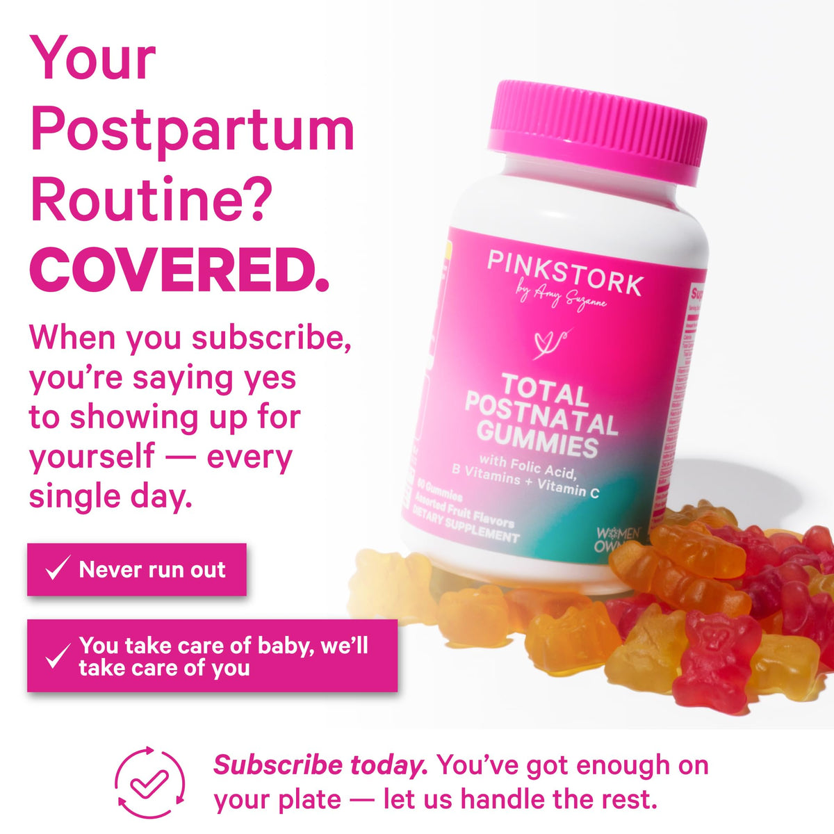 Pink Stork Total Postnatal Vitamin Gummies - Multivitamin for Postpartum Recovery and Lactation Support - Folic Acid, B6, and Vitamin C Pink Stork